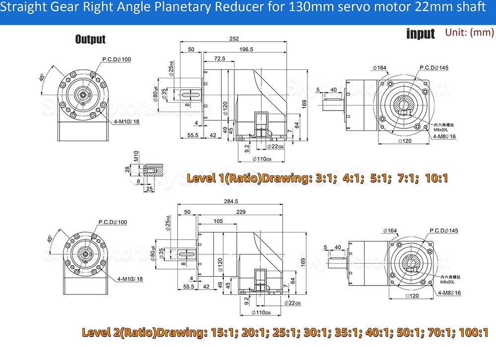 PVE120 Series Right Angle Servo Planetary Gearbox 3:1 - 100:1 Fit 110mm/130mm Servo Motor 19/22/24mm Input
